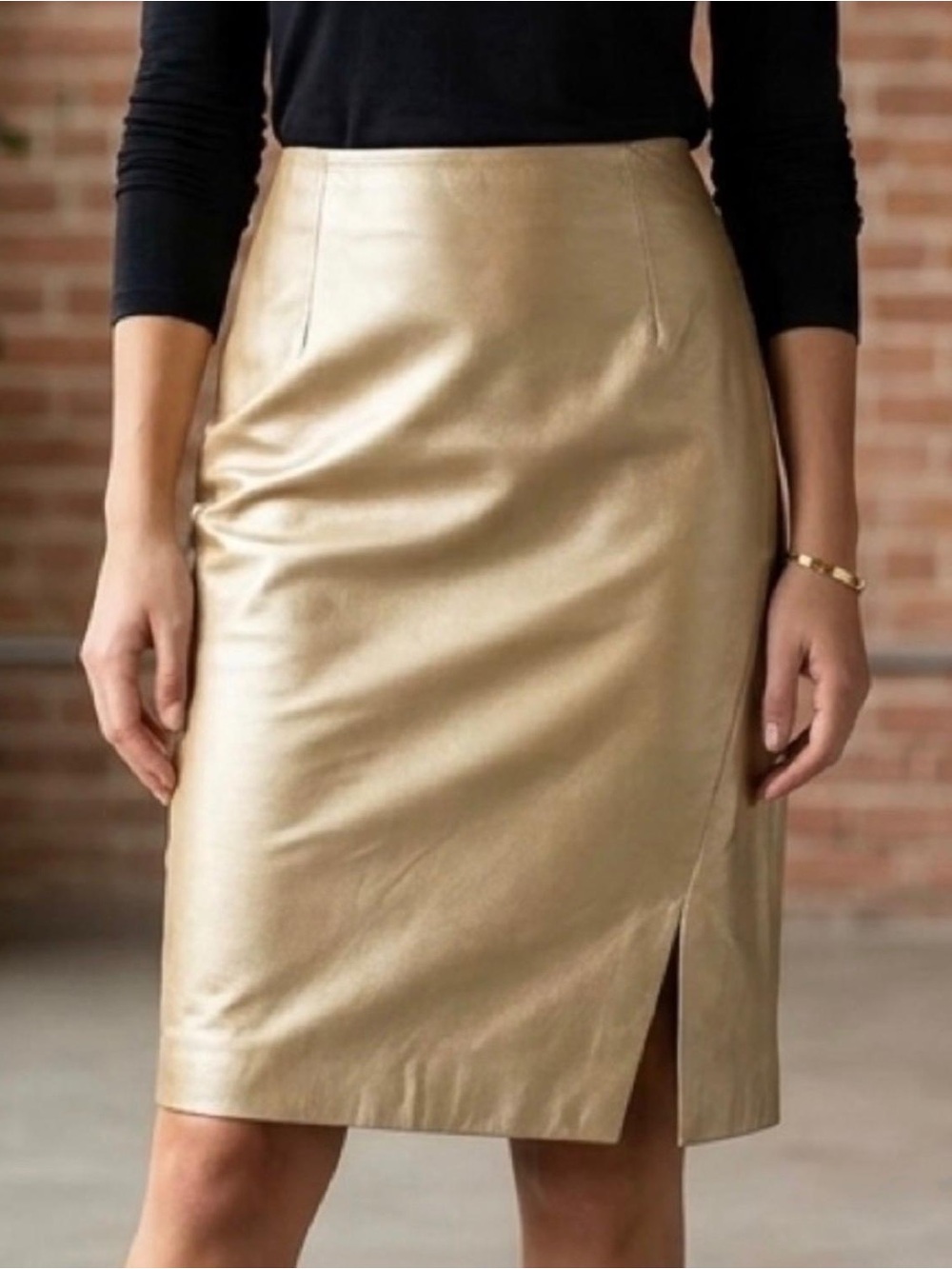 Vintage Danier Champagne Gold Tan Genuine Leather Pencil Skirt Knee Length